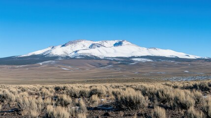A snow covered mountain stands above a vast grassy landscape