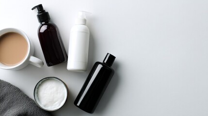 Obraz premium Skincare bottles in various sizes sit alongside a cup of coffee on a solid white surface, providing a minimalistic and organized presentation with ample copy space