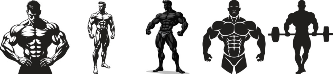 Silhouette bodybuilders set collections. muscle, gym, strength, fitness training. vector illustration