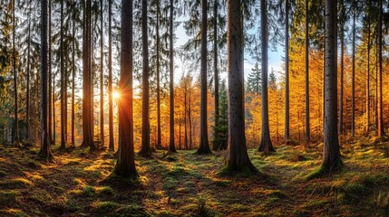 Fototapeta premium Golden autumn sunlight in a majestic forest landscape with tall trees fall park view warm woods image