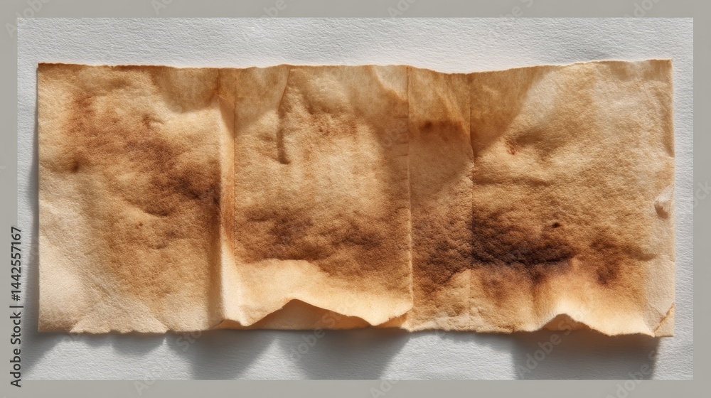 Poster Overhead view of aged paper displaying an intricate texture with noticeable creases and discoloration, providing useful copy space for designers and artists