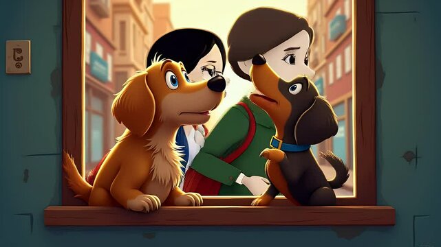 Multiple Canine Companions Looking Through a Dirty Window with Nose Prints While Barking at Passersby