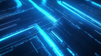 Futuristic circuit board with neon lines, data network, and microchips