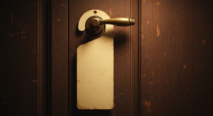 Hotel door hanger on dark wooden texture background, room for text