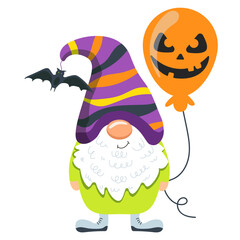 Cute gnome for halloween with balloon. Cartoon gnome  on white background