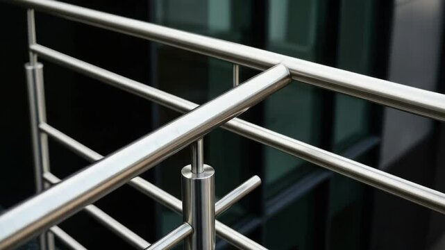 Modern Stainless Steel Railing Detail - Close-up view of a sleek, modern stainless steel railing system. The polished metal reflects the dark background