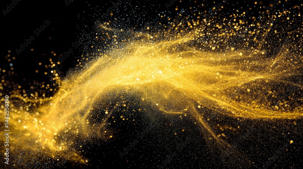 Poster Overhead view of shimmering golden particles and dynamic light trails creates a celebratory mood, offering generous copy space for text or graphics on the right