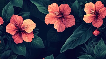 Obraz premium Lush hibiscus flowers, tropical garden, dark background, fabric print