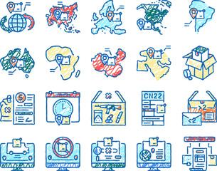 Shipment Tracking International Icons hand drawn