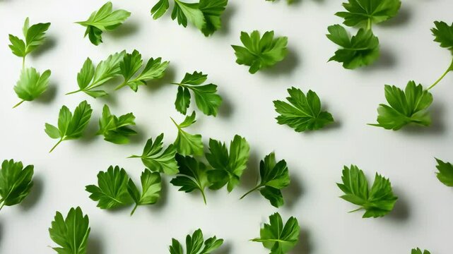 A fresh pattern of parsley leaves over a clean white background.