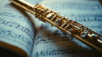 A golden flute rests upon a score of beautiful music