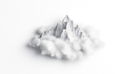 Snow-capped mountain peak rising above fluffy white clouds, minimalist composition with serene and ethereal atmosphere, and natures majesty.