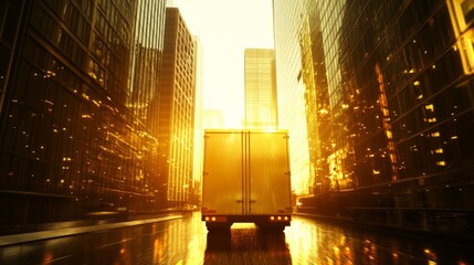 Morning cityscape alive with golden light, delivery truck moving ahead under glowing skyscrapers, rear shot emphasizing speed and energy