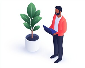 A man with a laptop stands next to a potted plant, symbolizing remote work and eco-friendly workspace.
