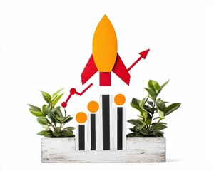 under 200 characters): A colorful rocket and arrow symbolize business growth above a bar graph, surrounded by green plants in a white planter.