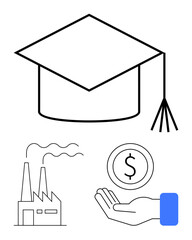 Graduation cap, industrial factory, hand holding a coin. Ideal for education, economy, career pathways, finance, industry, manufacturing simple landing page