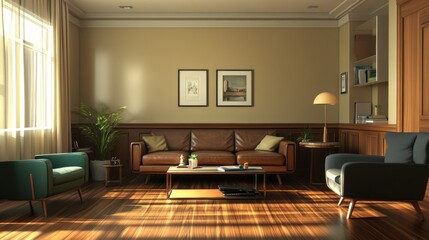 Fototapeta premium Sunlit living room, leather sofa, wood floor, calm atmosphere, home interior design