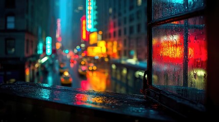 Fototapeta premium Raindrop on a window with cityscape texture and sad atmosphere concept. Vibrant city lights shining through a rainy window at night.
