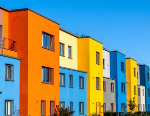 Fototapeta premium Vibrant Colorful Townhouses under a Clear Blue Sky.