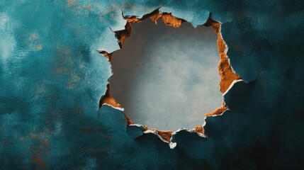 A striking hole in a turquoise wall exposes a gray sky, showcasing the contrast between nature and urban design aesthetics