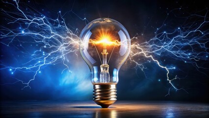Lightning struck light bulb, electrical spark, bright light, electrictic energy