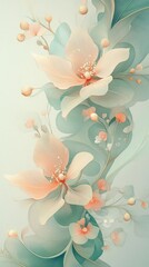 A soft, abstract illustration featuring delicate flowers and leaves in pastel colors.