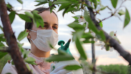 A sprayer is being used by a gardener to care for a blossoming tree on a warm day, ensuring the health of the plants in bloom