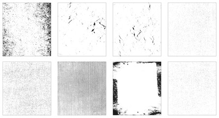 Grunge textures set. Collection of vector overlay, distress, textures. collection of eight square black and white grunge textures. 