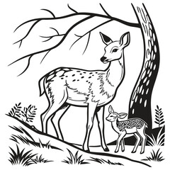 Black and White Line Art of a Mother Deer and Fawn in a Peaceful Forest Setting