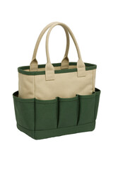 Realistic garden tool bag with multiple pockets and sturdy handles isolated on transparent background for carrying gardening tools, accessories, and supplies
