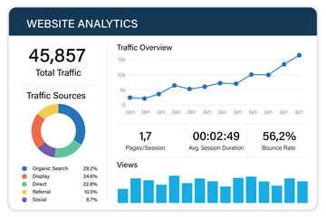 Website Analytics Dashboard Displaying Traffic Sources and Trends