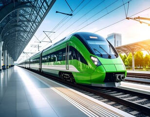 Naklejka premium Modern green high-speed train arriving at a modern train station platform. Sunlight illuminates the scene.