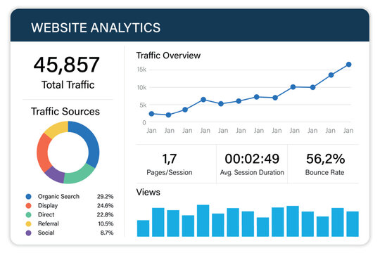 Website Analytics Dashboard Displaying Traffic Sources and Trends