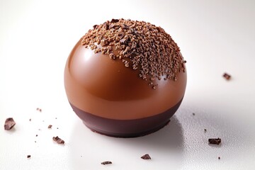 Decadent chocolate sphere dessert with crunchy topping on a clean white background
