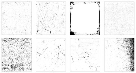 Grunge textures set. Collection of vector overlay, distress, textures. collection of eight square black and white grunge textures. 