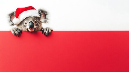 Koala in Santa Hat Behind Red Sign