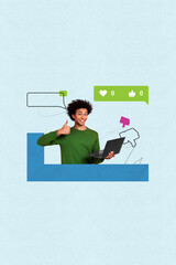 Exclusive image vertical collage of happy american guy show thumb up gesture dislike cyberbully...