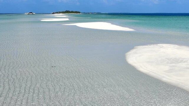 Aerial view with Tropical sandbar in maldives paradise and blue sea. Maldivian sandbank in Indian ocean