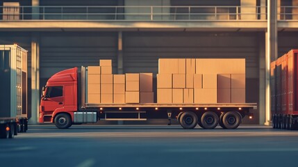 Truck trailer stacked with cardboard packages, preparing for a goods shipment, efficient delivery and logistics concept