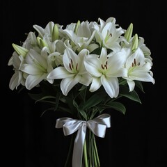 Beautiful white lilies bouquet tied with satin ribbon on dark black background