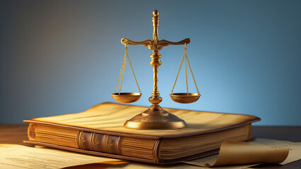 Scales of Justice with Wooden Judge Gavel and Law Book – Legal Symbol Concept