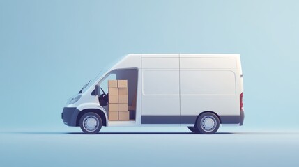 White 3D vector delivery van with visible cargo boxes inside, representing smooth logistics and fast online shopping deliveries