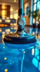 Gleaming floor, close-up of cleaning tool