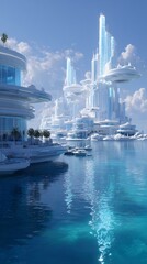 Aquatic metropolis in white towers reflecting under the summer sky and rippling sea