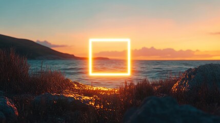Glowing Square Frame Floating Above Sea During Sunset