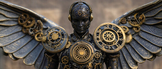 Steampunk Angel Sculpture with Bronze and Gold Gears
