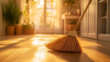 A broom resting on a polished wooden floor inside a room