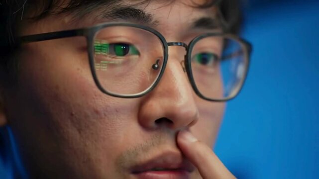 Man with glasses picking nose: close-up of face and finger in nostril
