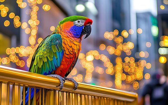 Vibrant Rainbow Macaw Parrot on Golden Fence, City Lights Background