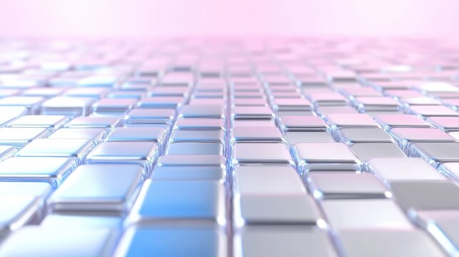 Abstract metallic grid pattern,  3D rendering of reflective square tiles.  Soft pastel color gradient, modern design